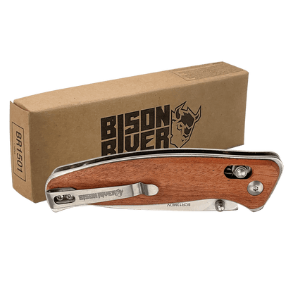 Bison River 4.5" Wood Button Lock Folding Knife - Halstead